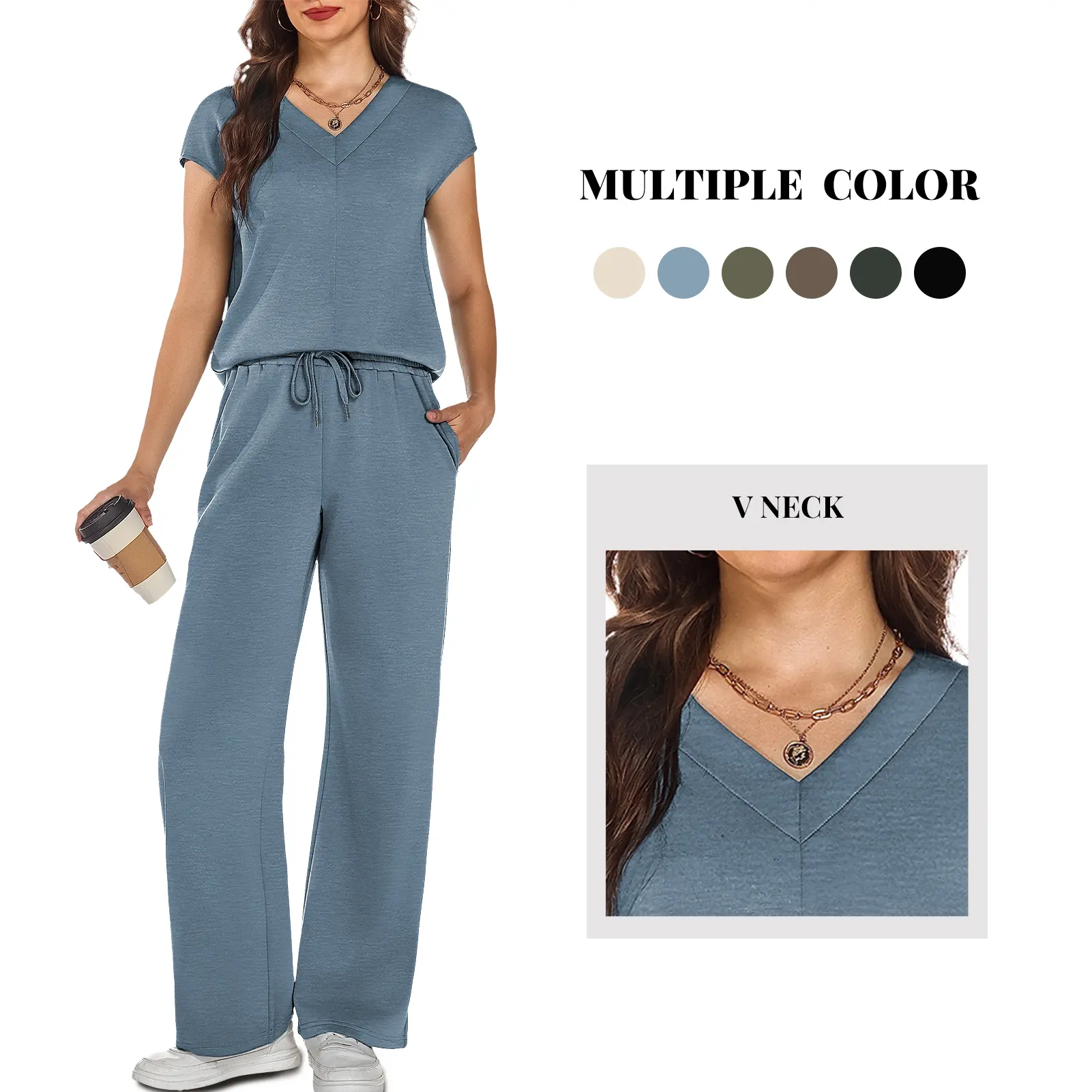 Women's Casly Lamiit 2-Piece Basic Matching Set - V-Neck Short-Sleeve Top & Wide-Leg Elastane Trouser, Soft Solid Plain Summer Loungewear for Casual Travel & Everyday Wear, Elegant, Multiple Colors, Size M, Sets for Women 2 Piece