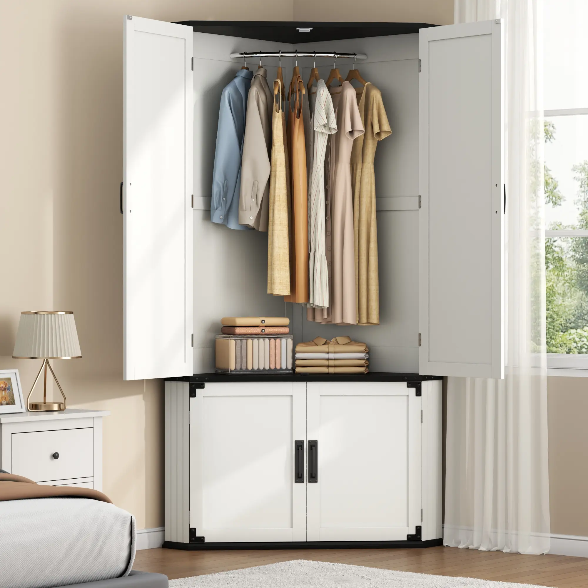 Corner Armoire Wardrobe Closet with Doors, 71'' Tall Storage Cabinet with 90° Triangular Structure & Hanging Rod, Farmhouse Corner Closet, White Wooden Wardrobe Closet
