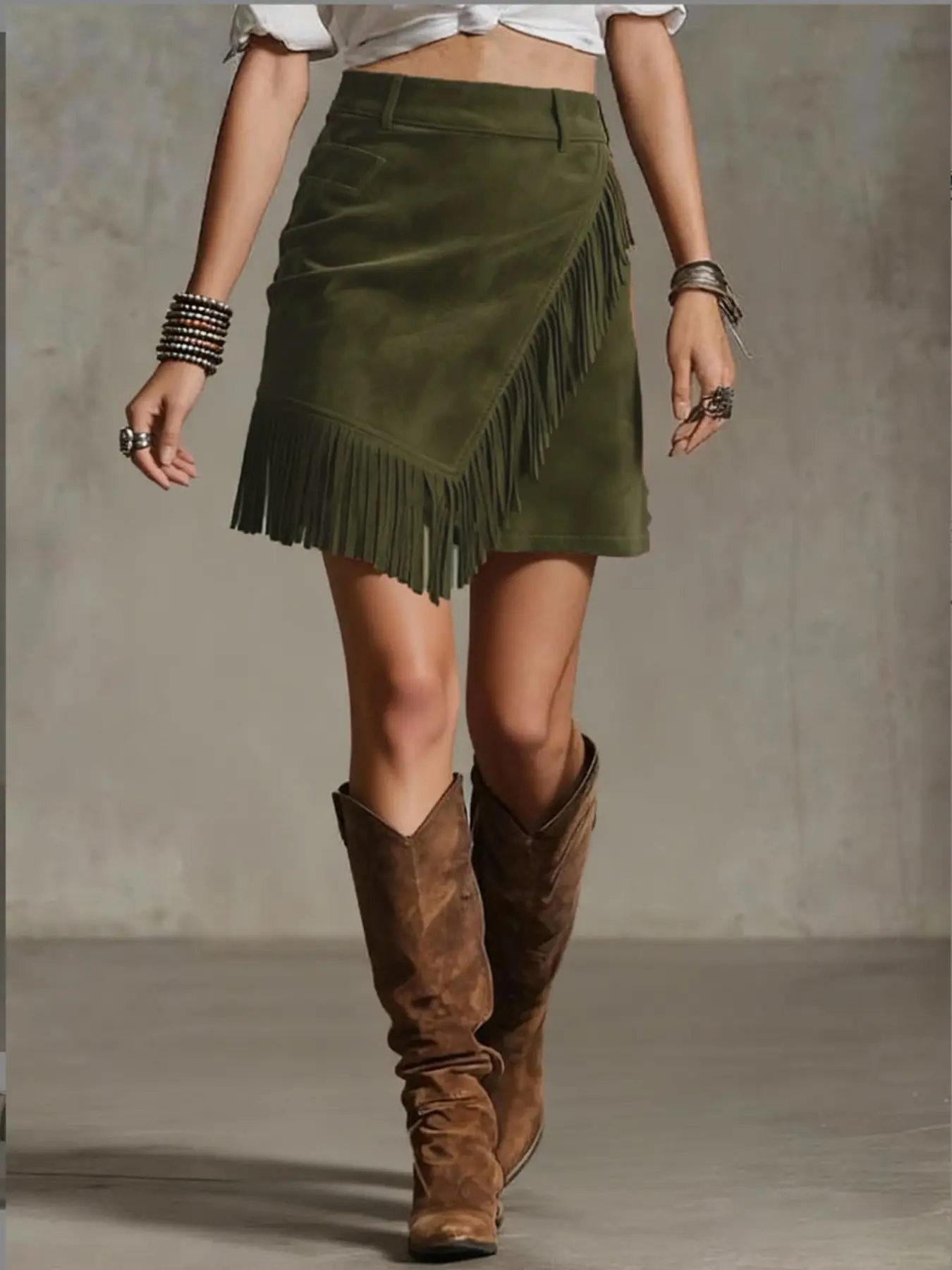 Women's Asymmetrical Hem Fitted Skirt with Side Fringe Design, Soft Suede Western Style Vintage Look, Casual Boho Skirt, Casual Everyday Spring & Fall Wear, Womenswear, Boho Casual Skirts