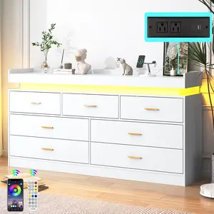 7 Drawer Dresser with LED Light & Charging Station, Modern Wide Chest of Drawers for Bedroom Closet, Storage Organizer Cabinet for Entryway & Living Room