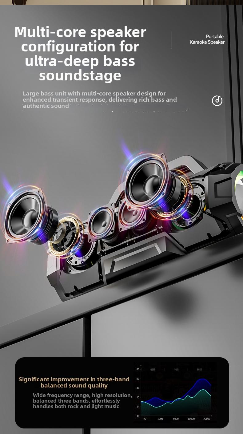 Claison T9 PLUS Outdoor karaoke live streaming speaker, RGB colorful atmosphere lights, dual microphones for high-definition audio, portable power bank, multi-interface compatibility, suitable for live streaming, outdoor use, karaoke.