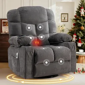 Oversized Massage Swivel Recliner Chair with Lumbar Heating for Living Room Rocker Recliner Single Sofa with Cup Holders and USB Charge Port, Large Big Chair Recliners for Adult（Gray） Rocking Motion Footrest