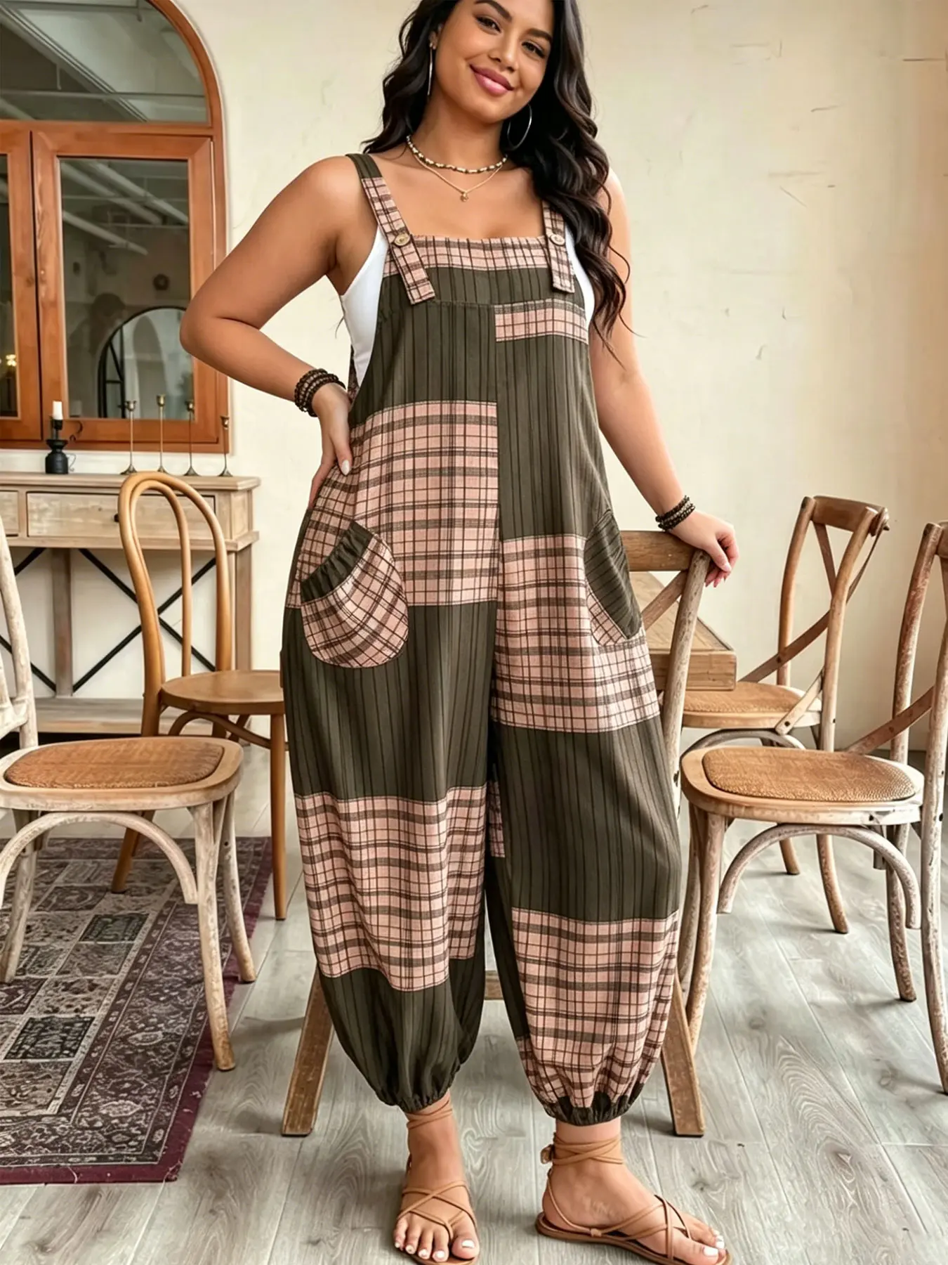 Plus size women's fashionable versatile Loose Baggy Plaid color-block double-pocket cuffed overalls, suitable for summer, daily commuting, casual wear, and vacation