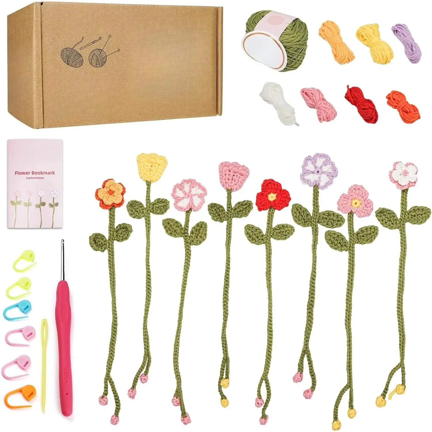 P-ITC0109   Crochet Kit for Beginners - 8 Flower Bookmarks Knitting Kit w/Step-by-Step Video Tutorials & Soft Yarn, Hook - Wobbles DIY Art Craft Kit for Adults Kids, Birthday Gifts for Women Girls Teen