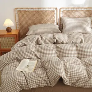 Gingham Duvet Cover King Size 100% Washed Cotton Brown Tan Plaid Checkered Comforter Cover 3 Pcs Soft Breathable Grid Farmhouse Dorm Bedding Set for All Seasons