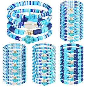 Set of 24 Ocean-Themed Polymer Clay Beaded Bracelets, Perfect As Party Favors for a Seaside Event. These Elastic Layering Bracelets Feature Shells, Turtles, And Starfish, Making Them Ideal Summer Beach Jewelry for Women