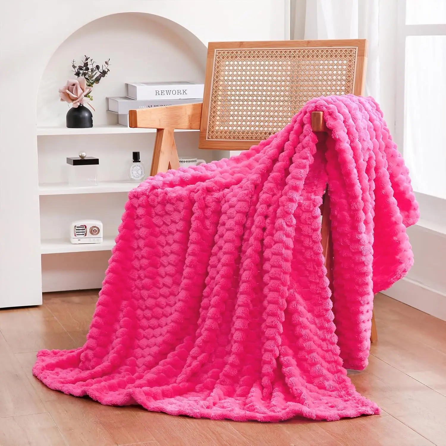 Puncuntex Hot Pink 50"×60" Buttersoft 3D Jacquard Flannel Fleece Throw Blanket, Super Soft Plush Lightweight, Couch Home Decor, Gift-Ready for Female (Valentine, Father's Day), Flannel Blankets Core Variant