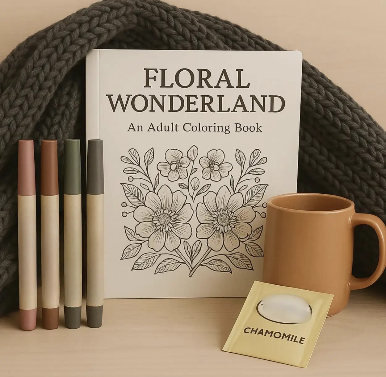 Mystery Cozy Coloring Night Gift Box: Floral Wonderland Adult Coloring Book, Illustration Markers, Plush Blanket, Ceramic Mug & Chamomile Tea Packet for Relaxation & Stress Relief