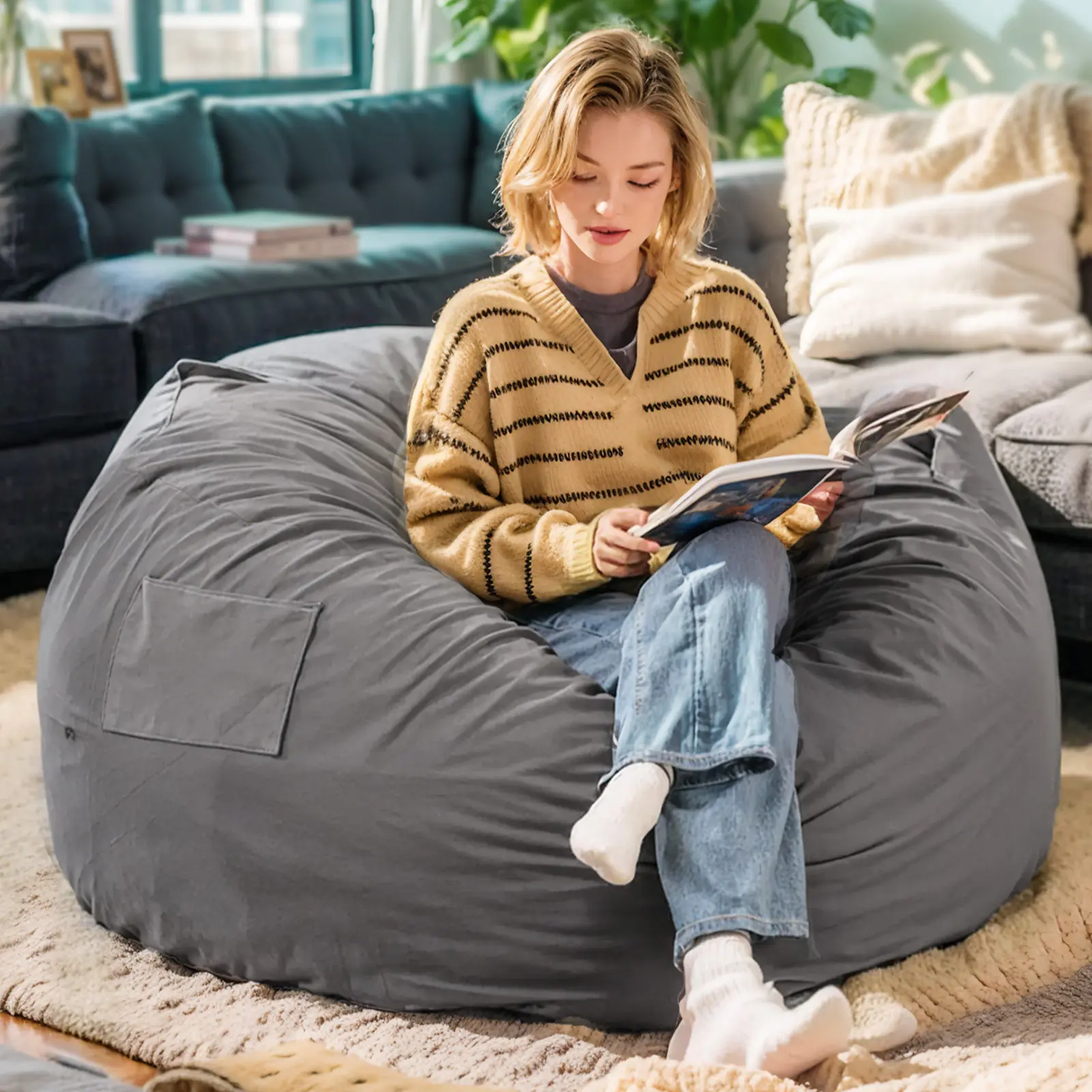 【Deal】Sweet Furniture Oversized Beanbag Chair for Adults - Soft Removable Cover - Giant Round Comfy Sofa for Living Room Bedroom College Dorm - 4 Feet