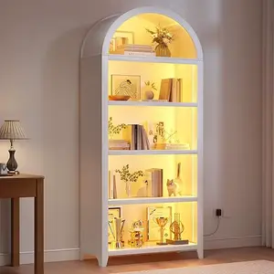AuraHome Exclusive 5-Tier Arch Bookcase with Smart LED Sensor Lights 💡 Premium Thickened Wood Display Shelf for LEGO, Books & Decor - Aesthetic Arched Bookshelf with 3 Color Lighting Modes - Modern Luxury Home Office Furniture