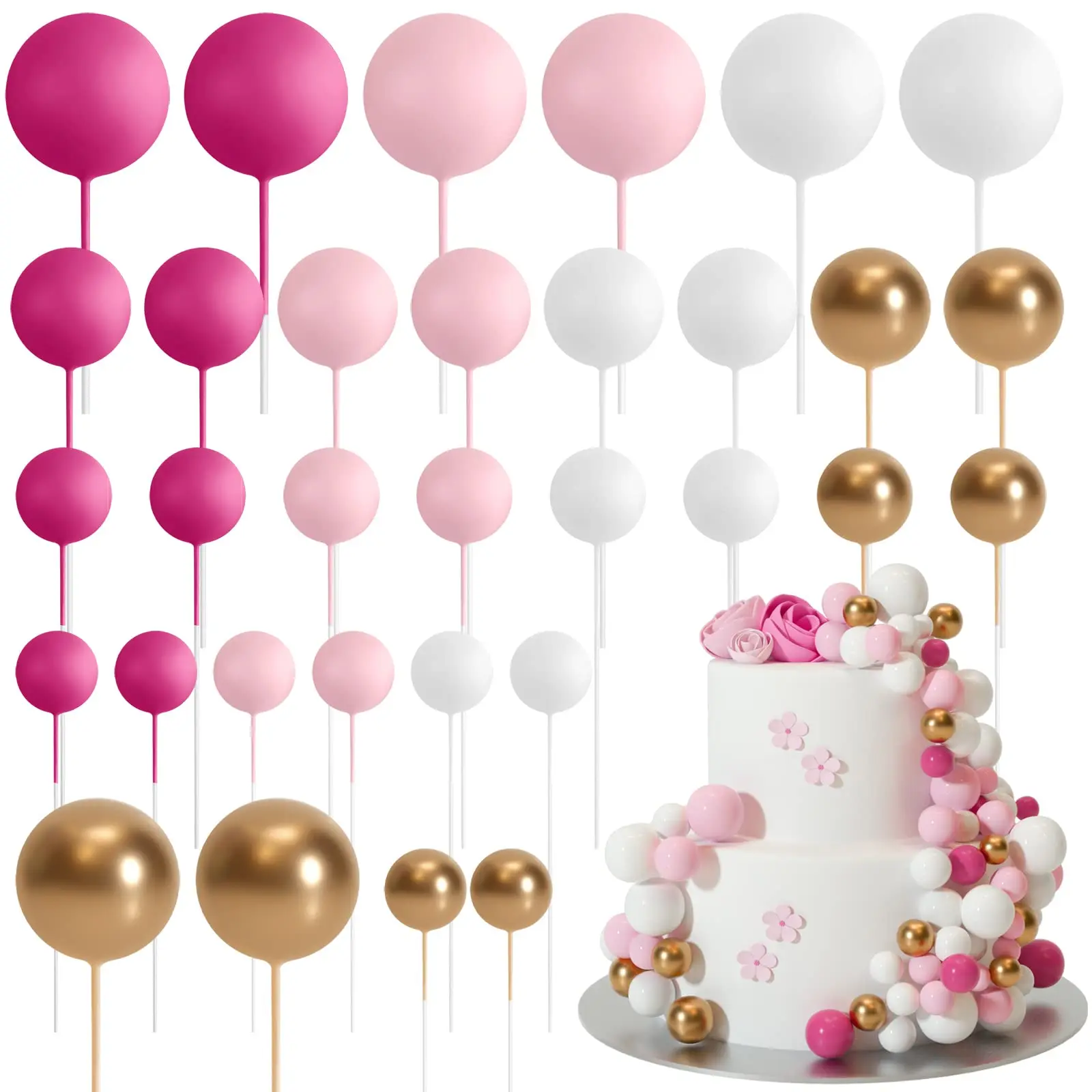 Food-Friendly Foam Ball Cake Toppers - Layered Round Balls, Multi-Size Mini Balloon Picks, Lightweight Non-Toxic Bakeware Decorating Tools for Party Decorators, Anniversary Gatherings
