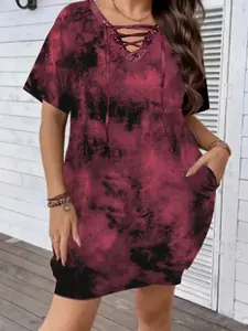 Spring Summer Women's Plus Size Tie Dye Pocket Boho Chic Dress, Casual Short Sleeve Adjustable Drawstring Neckline, Comfortable Loose Fit Fashion, Boho Style Dresses, Womenswear