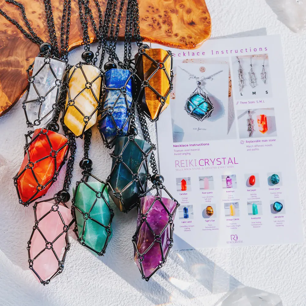 Raw Natural Crystal Necklace for Adults - Black Bamboo Wrap, Metal Net, Buckle Link, Tumble & Point Design, Crystal Stones Pendants