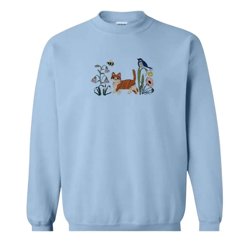Spring meadow cat embroidered sweatshirt
