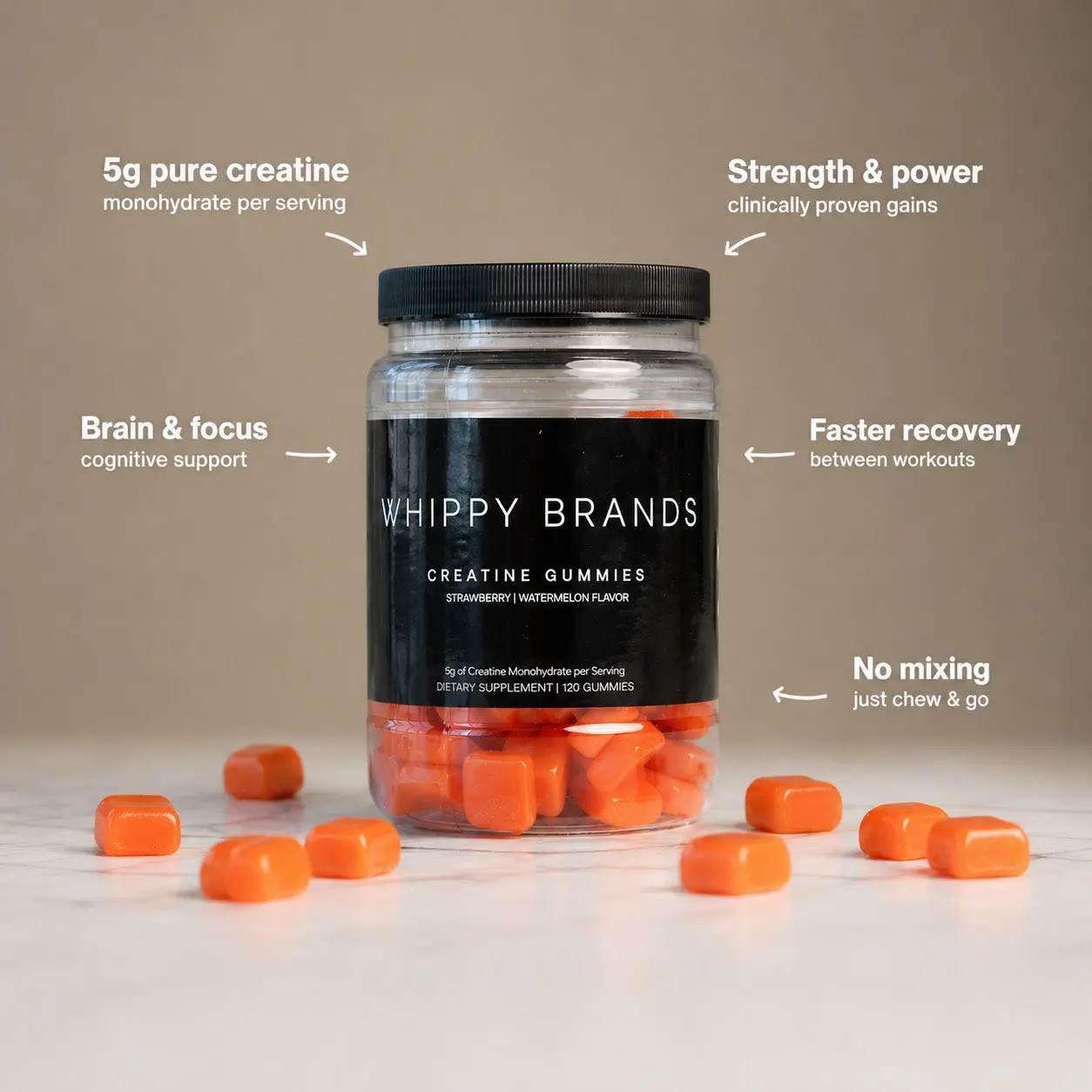 Whippy Brands Creatine Gummies | 5g Creatine Monohydrate per Serving | Muscle Strength & Recovery | Chewable Creatine Supplement | 30 Servings (Strawberry Watermelon)