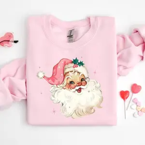 Pink Santa Retro Christmas T-Shirts Sweatshirts for Women Pink Christmas Matching Family Sweaters Pink Vintage Holiday Crewneck Group Party xmas