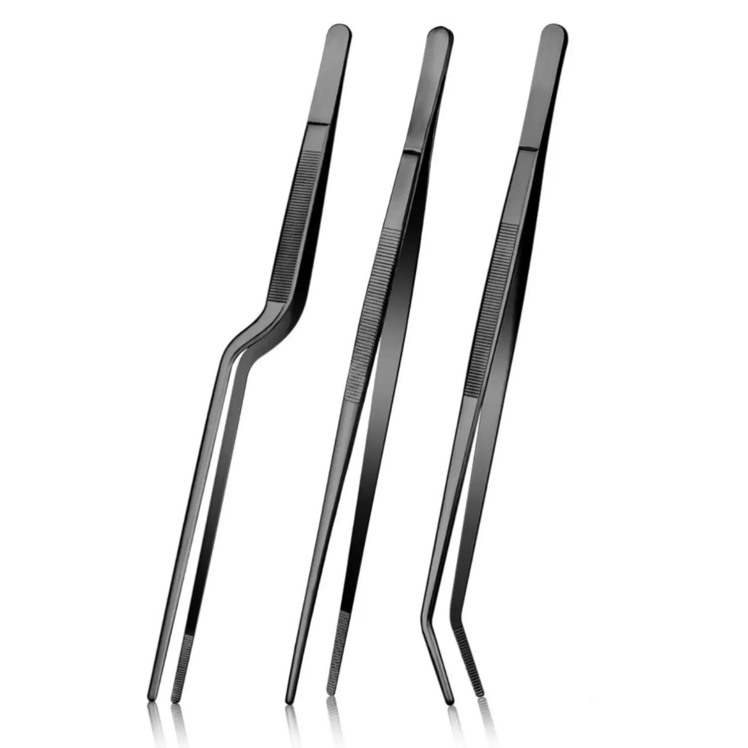 12-Inch Professional Durable Food-Grade Steel Fine Teeth Tip Cooking Tweezers Set - Reusable Black Slender Tips Chef Utensils, BBQ Grill Accessories, Heat Resistant for Plating Small Bits, Decorating, Campfire Use, Corn Kernel Lifting, Flip Control