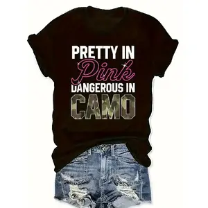 Women'S Casual "Pretty in Pink, Dangerous in Camo" Graphic T-Shirt - Black with Pink & Camouflage Print, Round Neck, All-Season Top, Casual Wear |   Playful Text Design |   Durable Fabric