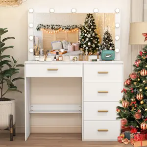White Make Up Vanity Desk with Mirror and Dimmable LED Lights, Storage 5 Drawers & Big Mirror with 3 Modes Light Adjustable,Vanity for Girls Women