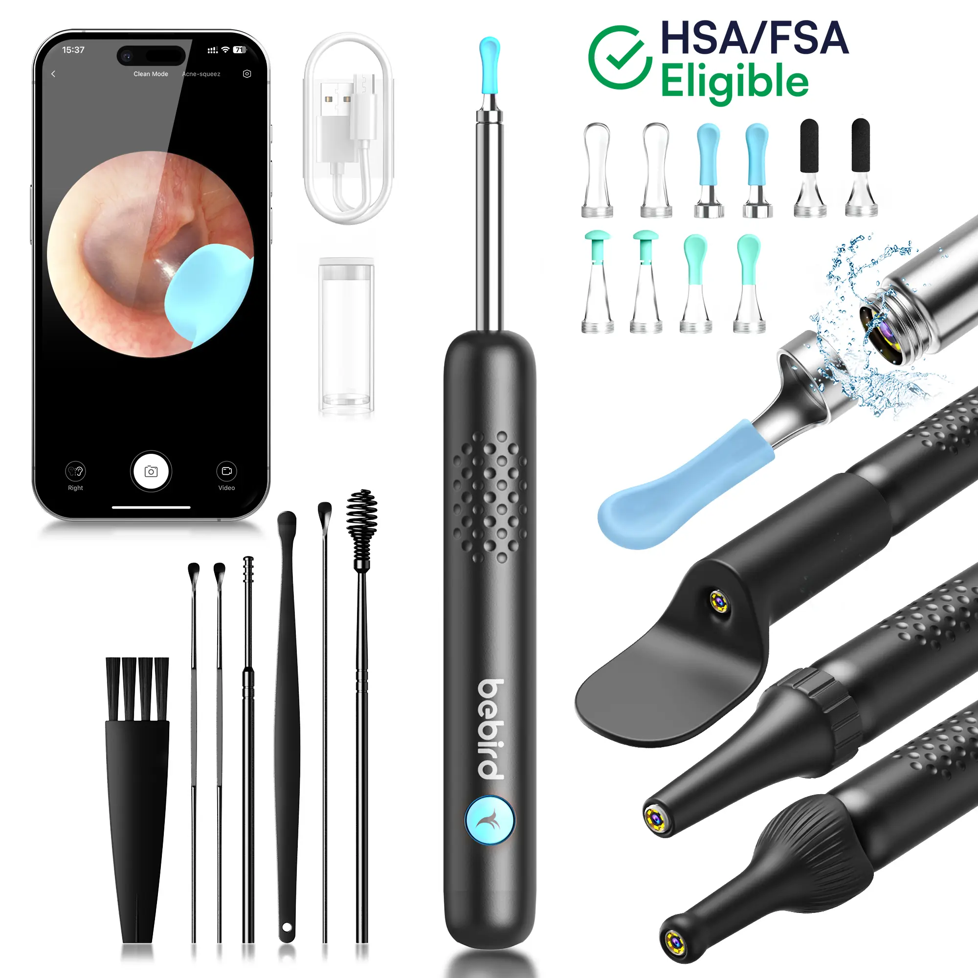 BEBIRD R1 Earwax Remover - HSA/FSA Eligible Unisex Spade Ear Canal Cleaner with 1080P Camera Earscope, 6LED Lights, Vari Replacement Tips, Batteries, Single Item for Ear Examination (Black)