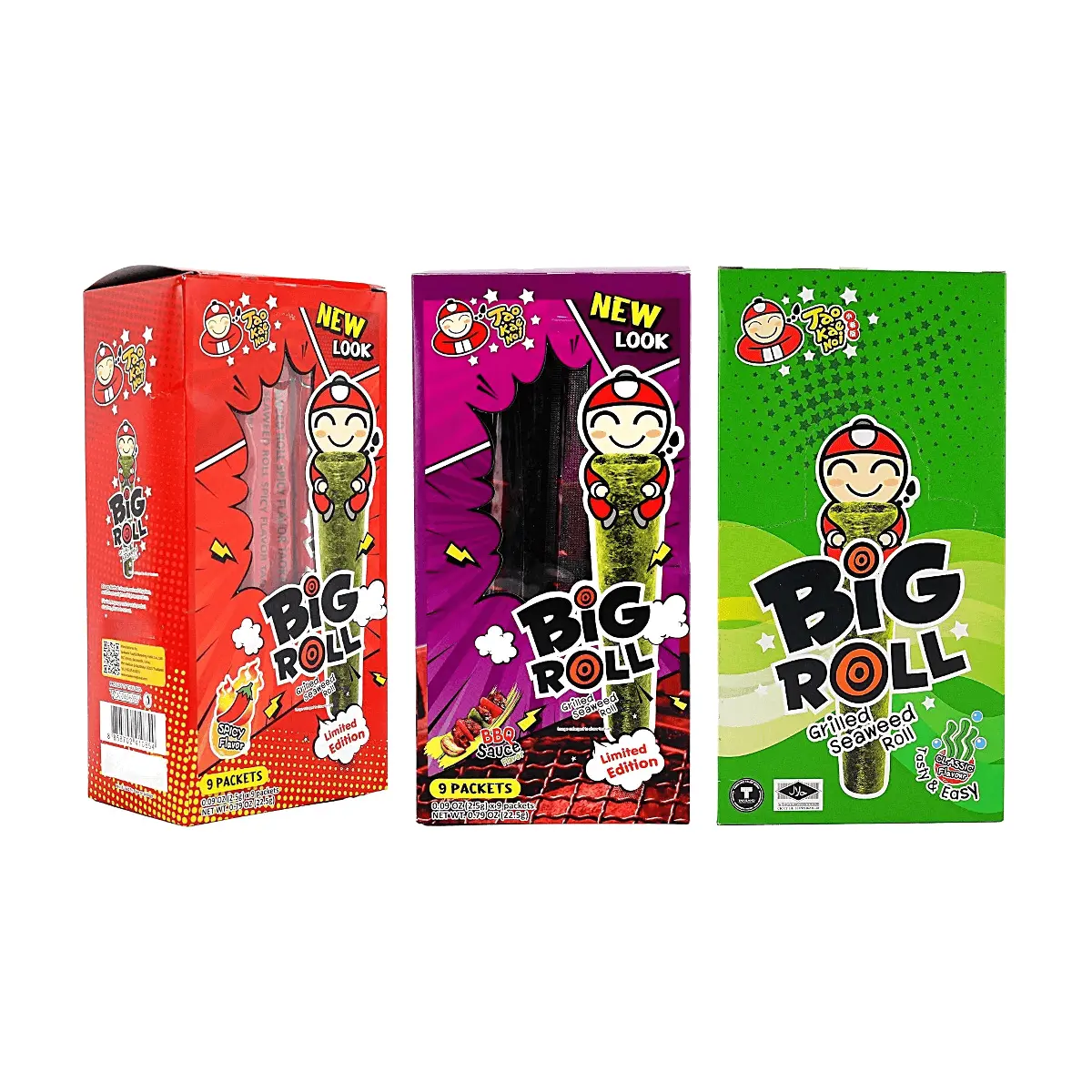 3 Pack TAO KAE NOI Thai Seaweed Roll Big Roll - Spicy + BBQ + Original 2.65 oz, Crispy Grilled Nori