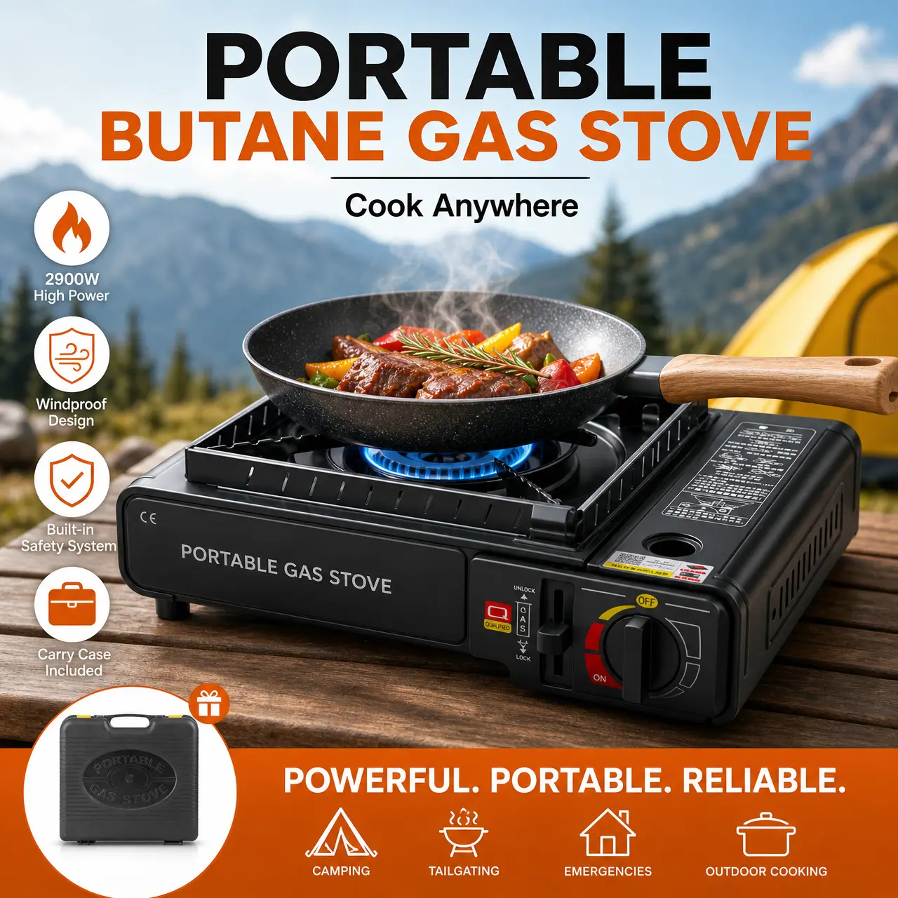 2900W Portable Butane Gas Cooker with Windproof Shield & Case - Piezo Ignition Camping Stove for Outdoor Cooking & Emergency Use