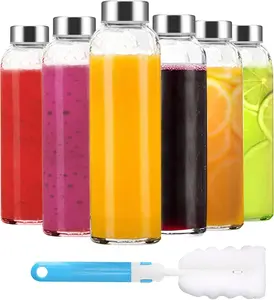 18 oz Wide Mouth Clear Glass Water Bottles with Airtight Stainless Steel Lids, Reusable Leak-Proof BPA-Free Kitchenware Containers Set of 6 for Refrigerator, Juicing