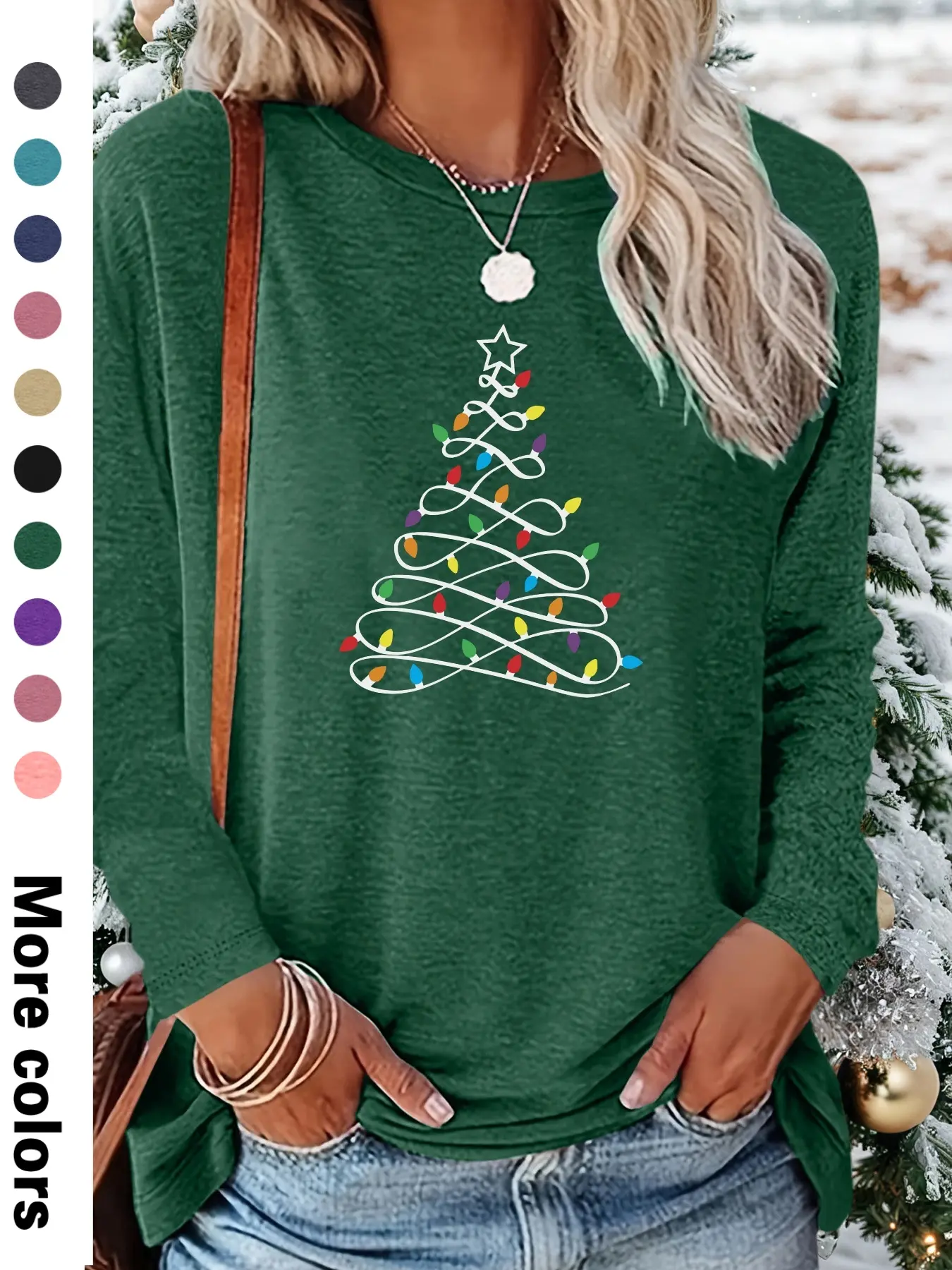 Women's Christmas Cartoon Print Long Sleeve Crewneck Fitted Casual Style T-Shirt, Tee, Comfortable Fabric, Available in 9 Colors, All Seasons Wear