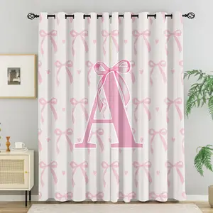 2 Pcs Personalized Letter Bow Print Window Curtains, Pink Bow A-Z Monogram Styles, Soft Thermal Insulated Durable, 85% Light Blocking Drapes for Bedroom Living Room, Ideal Gift Choice