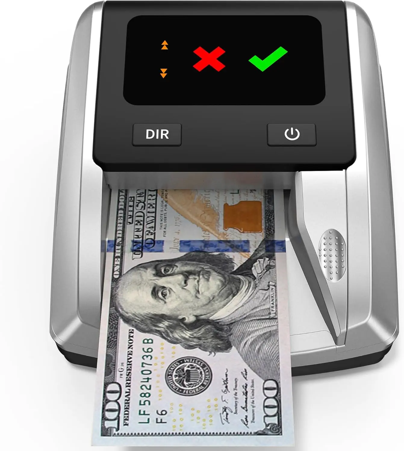 Counterfeit Bill Detector Money Checker Machine Automatic 4-Way Orientation & Pass/Fail Indicator Portable Fake Currency Reader with UV, Magnetic, Infrared