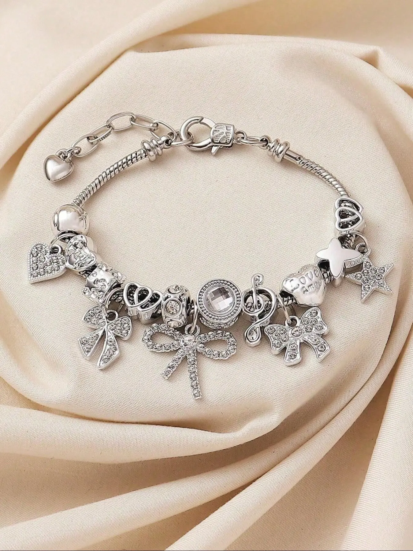 Adjustable Sparkling Exquisite Trendy Bracelet with Crystal, Bowknot, Star & Music Note Charms, Elegant Beaded Jewelry for Women, Charm Bracelets, Fashionable Bracelet, Perfect Gift