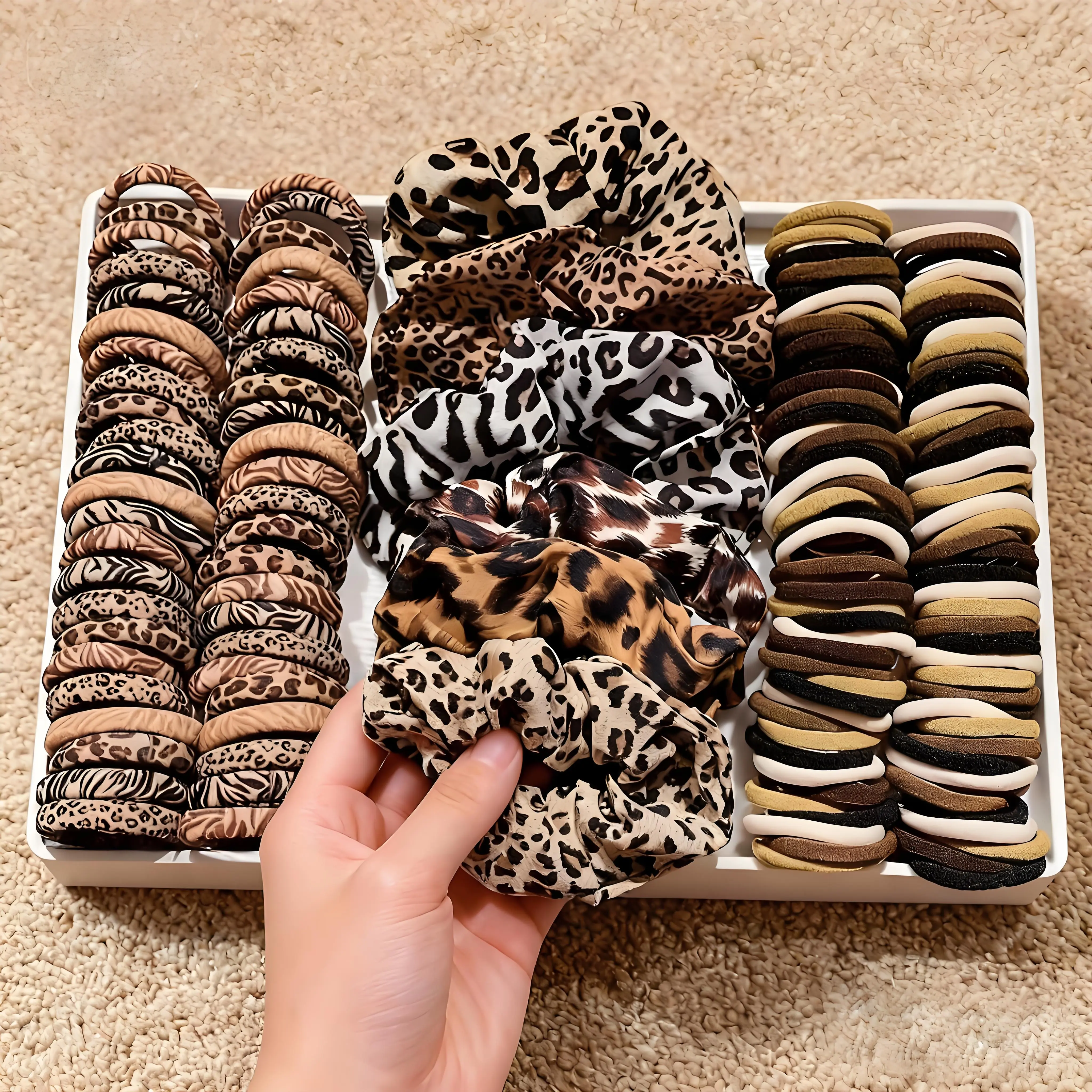 Women's 66pcs Leopard Wild Pattern Polyester Hair Tie Set - Elastic Grip Damage-Resistant Accessories, Round Bands for Thick Hair Ponytails & Bohemian Vintage Fashion Looks