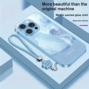 Cute Lightweight Minimalist Gradient Four-leaf Clover Pattern New Metallic Paint Tempered Glass Phone Case with Lanyard, Suitable for iPhone17/17Air/17Pro17ProMax//16/16Plus/16Pro/16ProMax/15/15Plus/15Pro/15ProMax/14/14.Plus/14Pro/14ProMax/13/13Pro/13ProM