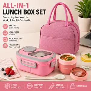 2-layer multi-compartment lunch box set: lunch box + cup + bag. Lunch set with cutlery and sauce box. Microwave safe, suitable for school, work, outdoor lunch box Bpa Free Plastic lunch box Microwavable Bento Box