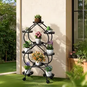 9 Pots Metal Plant Stand Indoor Flower Pot Holder with 4 Wheels Heart Shape Tall Plant Rack for Living Room Garden Balcony Decor, Black