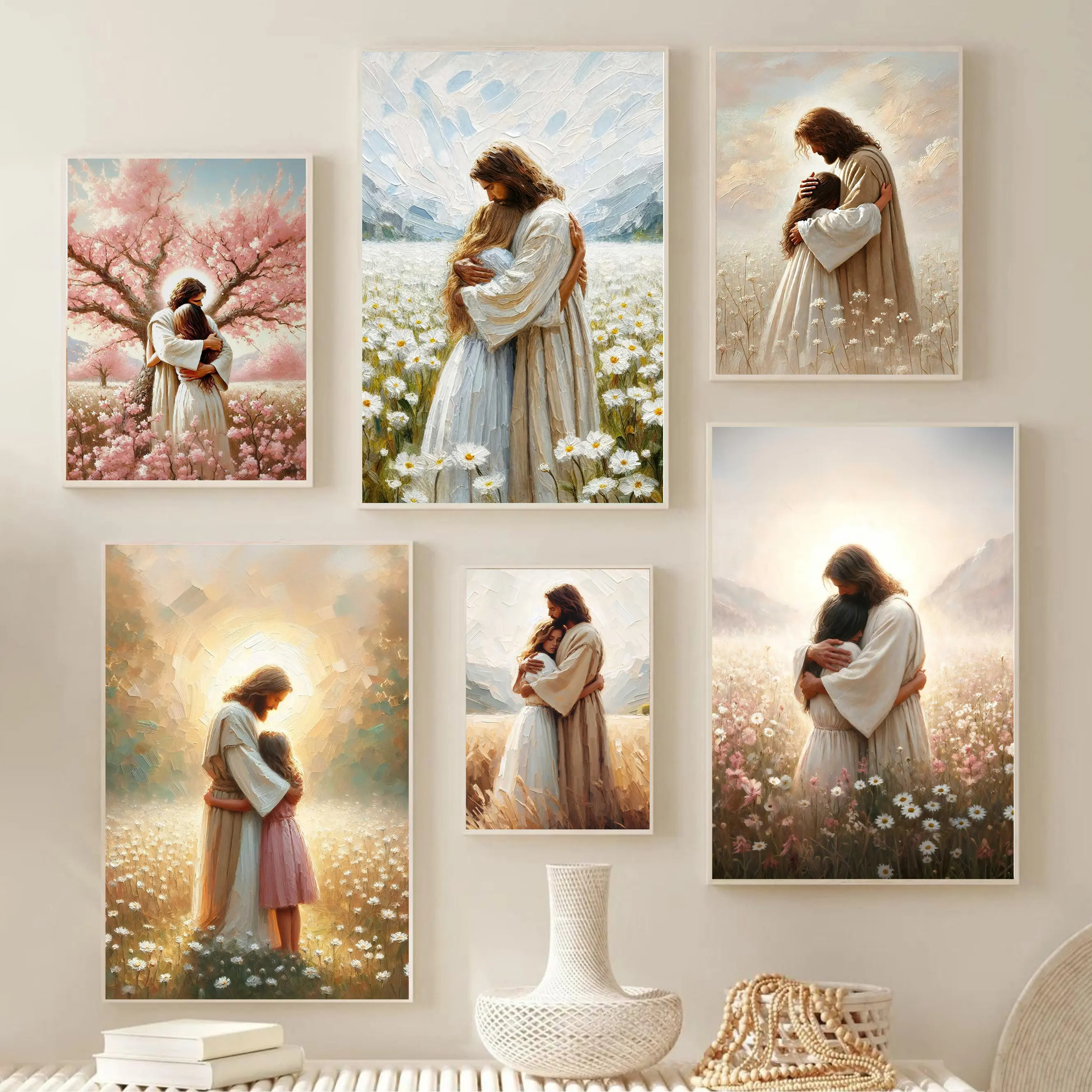 Jesus Hugging Girl Canvas Wall Art Jesus and Woman Wall Decor Pictures Modern Christian Healing Embrace Posters for Hallway Bathroom Dining Living Room Kitchen Wall Bedroom Decoration less museum-quality poster art print