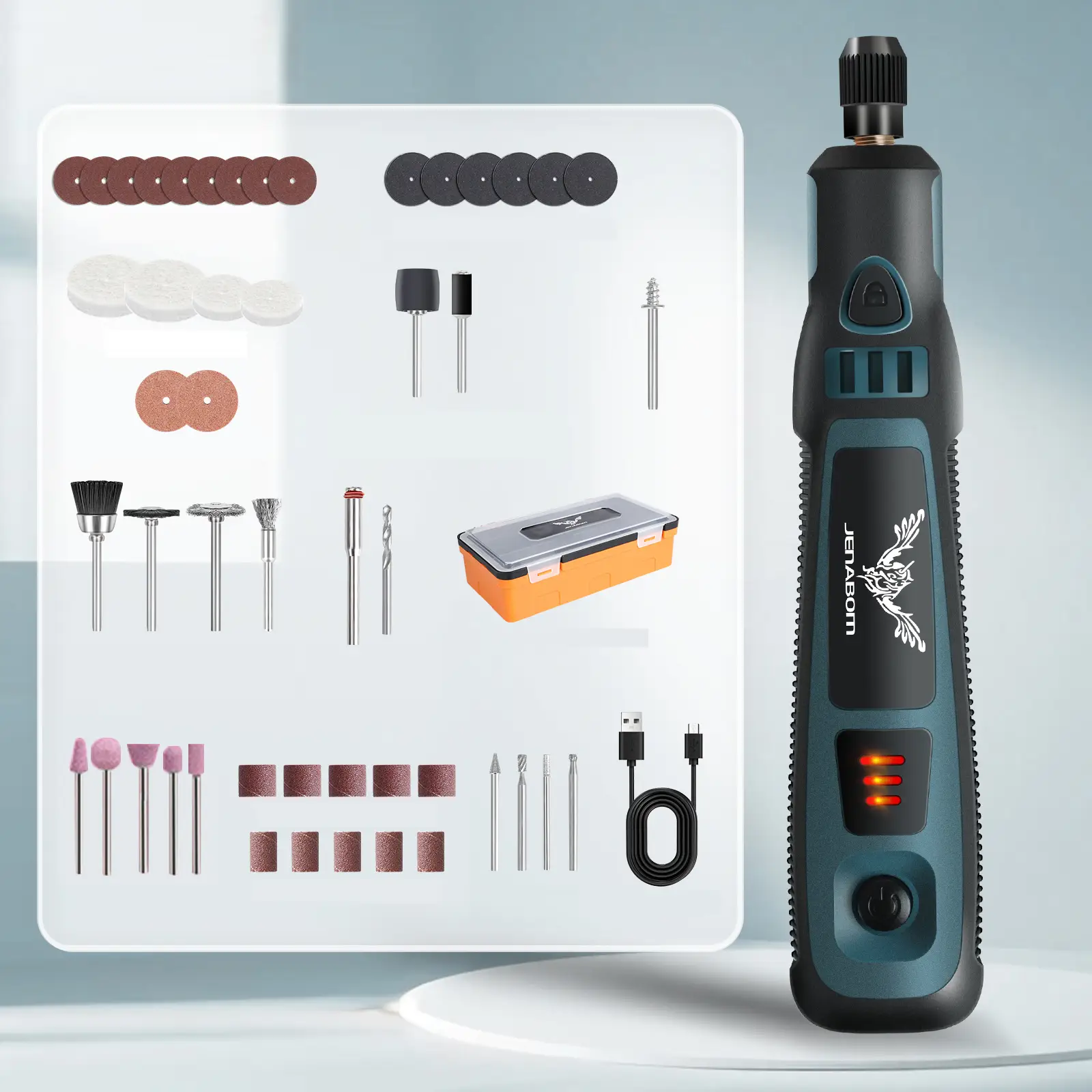 JENABOM Rotary Tool Kit Rotary Tool with Accessories & Flex Shaft & Universal Collet USB Charging for Sanding, Carving, Polishing, Cutting, Engraving