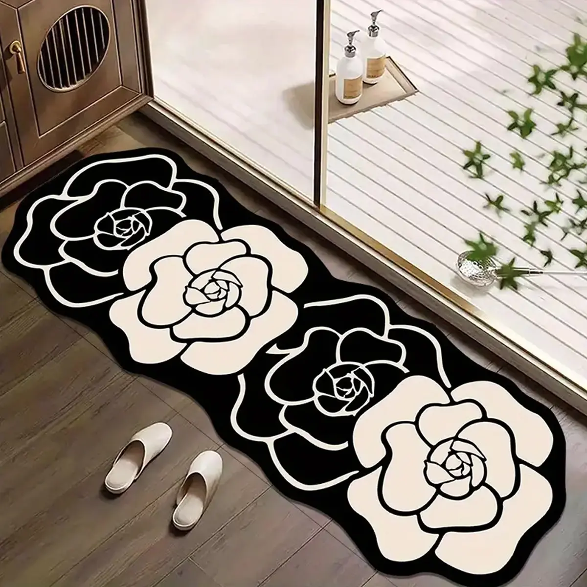 1pc bathroom mat, bathroom non-slip rug, long rug, Floral washable rug, flower print, soft, comfortable, non-slip, machine washable, long home decor, bathroom entryway decor, home decor rugs, perfect for bathrooms, toilets, kitchen entryways, living rooms