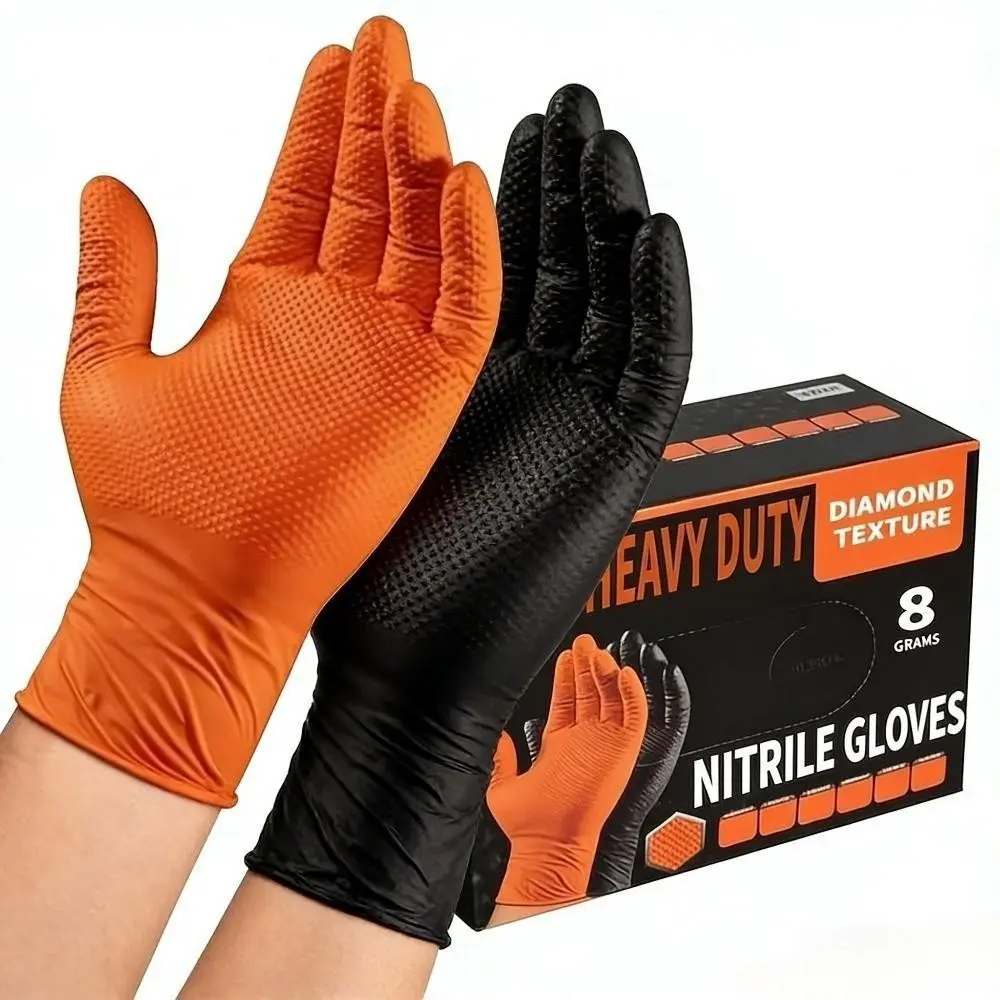 Disposable Diamond-Texture Nitrile Gloves, Antislip Durable Cleaning Gloves, 8-Mil Thickness, Latex-Free, Suitable for Automotive, Outdoor and Household Cleaning, Nitrile Material