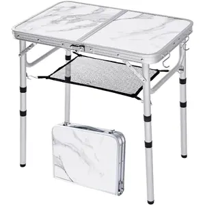 Small Folding Camping Table, 2ft Portable Table with 3 Adjustable Heights, Aluminum Lightweight Foldable Picnic Table with Mesh Layer and Extension Legs for RV, BBQ and Indoor