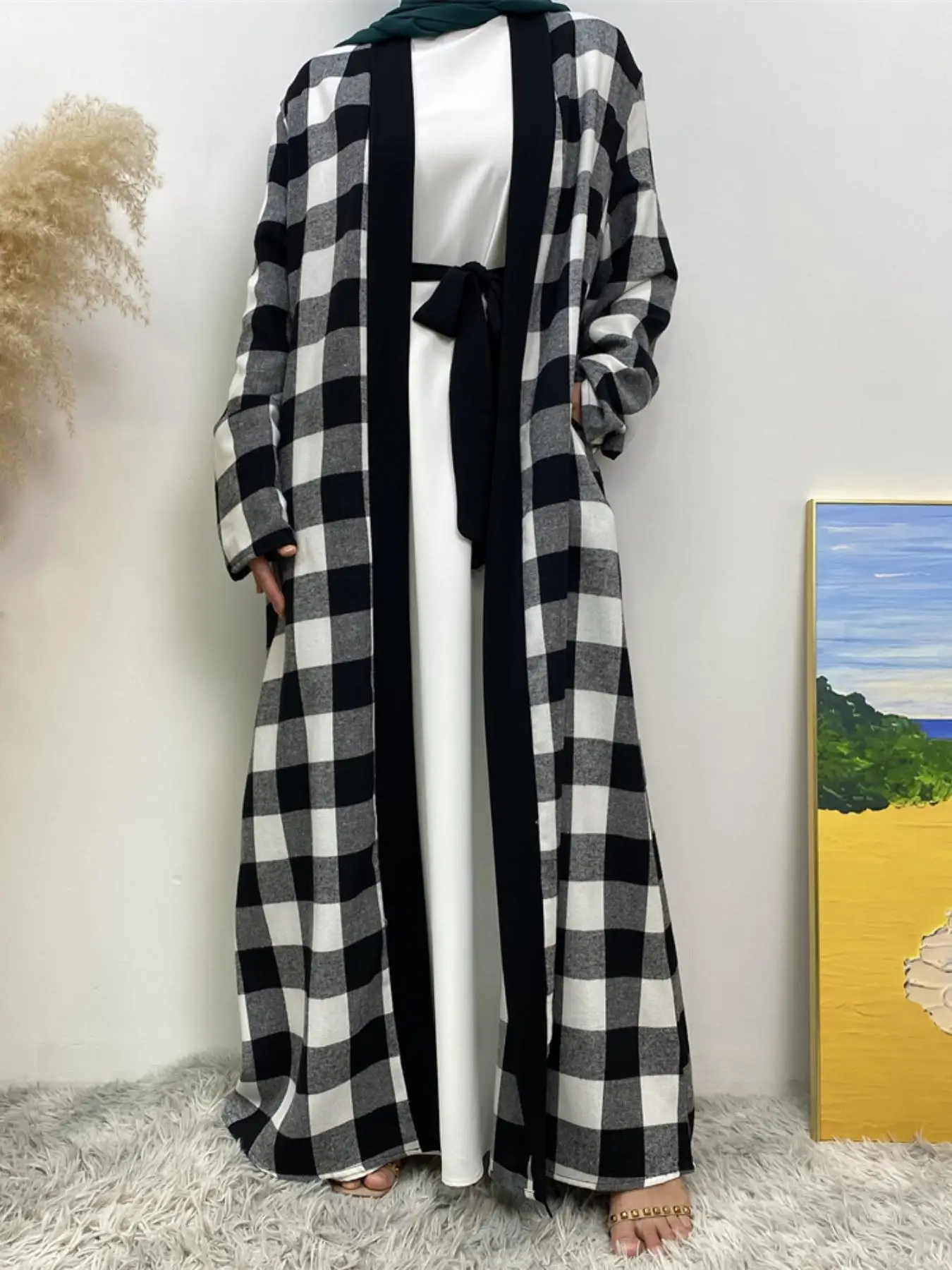 Women's Plaid Print Open Front Abayas, Casual Long Sleeve Abayas for Spring & Fall, Ladies Clothes for Daily Wear