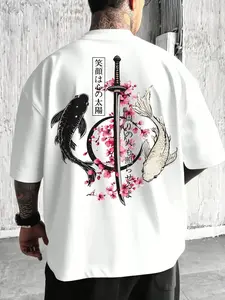 Men's Samurai Sword and Cherry Blossom Graphic Print Loose Fit T-Shirt, Casual Streetwear for Daily Wear, Trendy Outdoor Style