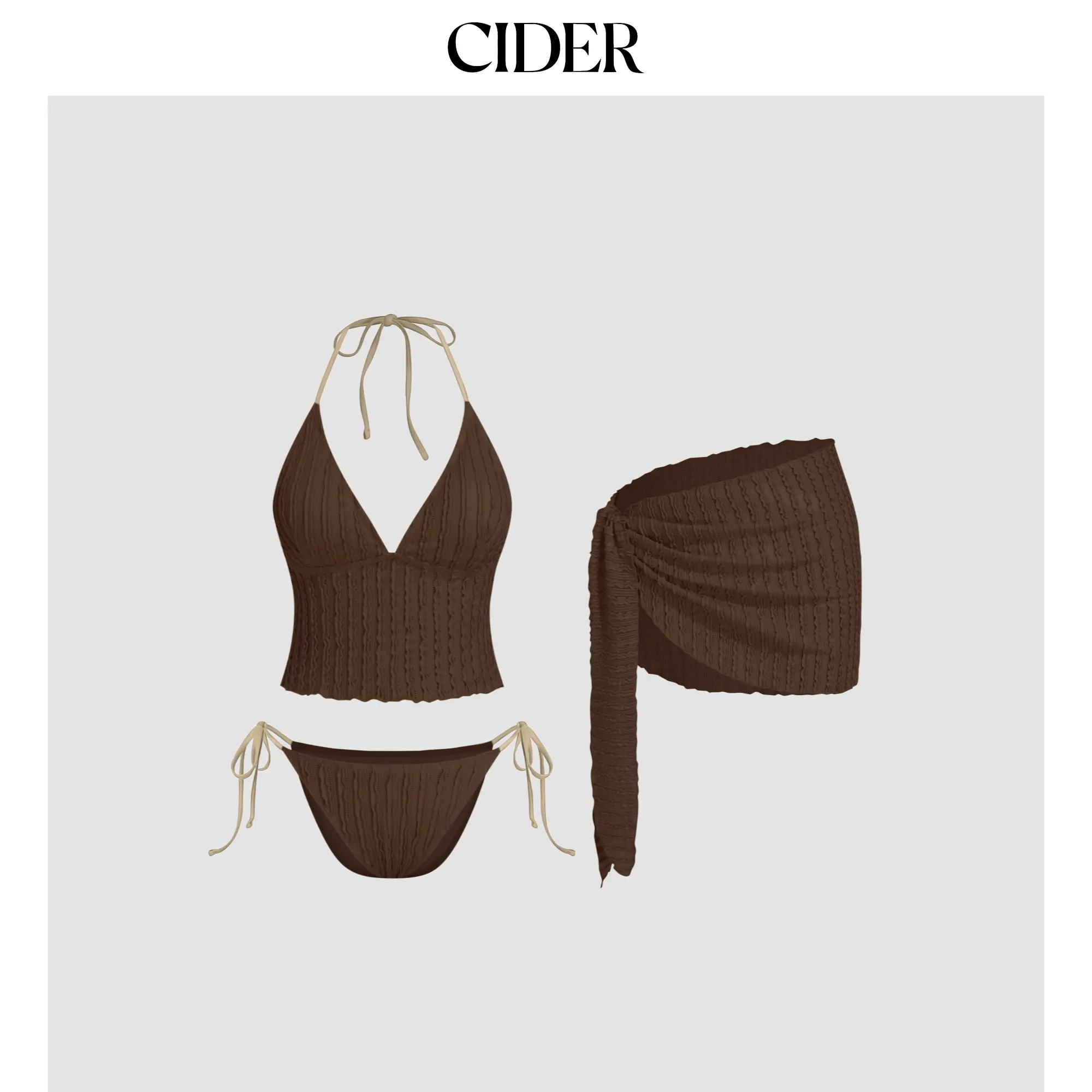 Cider Texture Halter Neckline Lettuce Trim Knotted Tankini Tie Side Bikini Set With Sarong