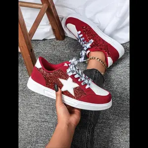 Women's Star Style Casual Glitter Design Sneakers, Low Top Lace-up Tennis Shoes, Comfortable Breathable Sporty Footwear for All Seasons