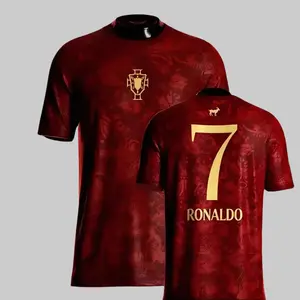 Ronaldo #7 Portugal National Team Red GOAT Print Soccer Home Jersey Portuguese Cultural Pattern Gold Number Breathable Quick Dry Short Sleeve for Ronaldo Fans, Portugal Supporters, Football Collectors & Streetwear Enthusiasts