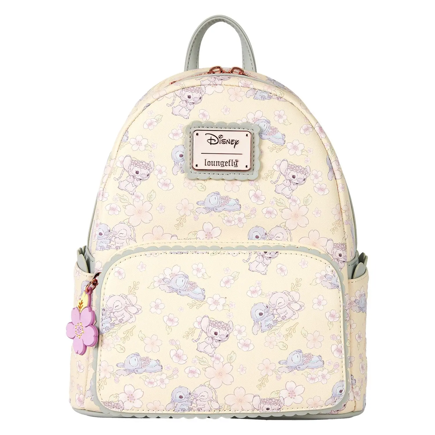 Loungefly Disney Stitch & Angel Cherry Blossom Floral Print Faux Leather Mini Backpack with Scalloped Applique and Silicone Charm, Zipped Pocket, Lightweight, Casual, Scalloped Trim, Adjustable Strap, 9” W X 10.5” H X 4.5” D, Adults, Boojiboos, Female, Ba