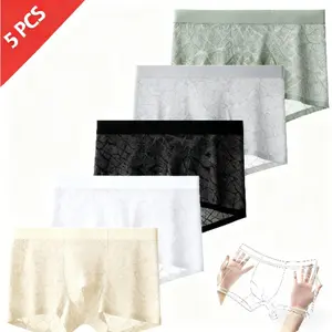 Men's 5-Pack Lace-Camellia Boxer Briefs - Lace Trim Briefs, Sexy Stretchy Floral Menswear, Antibacterial Breathable Naked-Feel Underwear, Ideal Gift for Him
