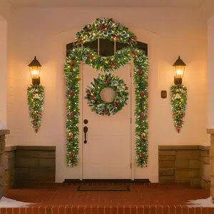 Christmas Set of 6 Pre-Lit Battery-Operated Wreaths. Warm White LED Lights for Indoor/Outdoor, Flame Retardant & Ready to Hang. Decor Decoration