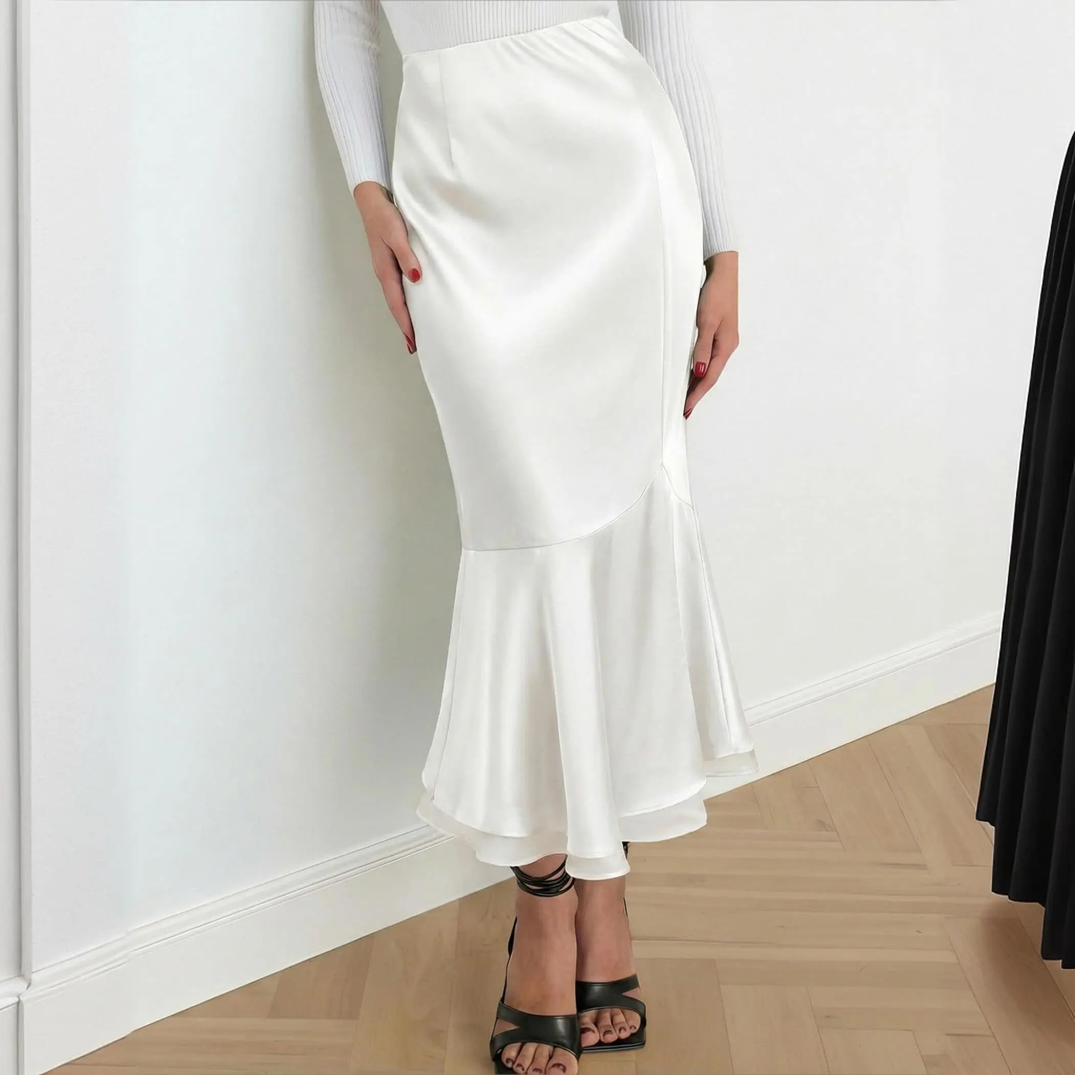 Womens Satin Midi Mermaid Skirt Silk Bodycon High Waisted Flowy Ruffled Tiered Spring Summer Elegant Fishtail Skirts
