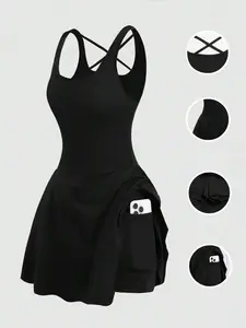 DORRIS Black Knit High Stretch Sleeveless Camisole Criss-Cross Back Design With Leggings, Jumpsuit For Sports, Yoga, Casual Athletic Dress Tennis Dress Workout Dress Dress With Pockets Active Dress